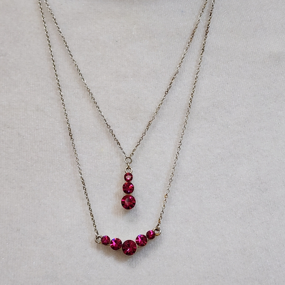 2 Tiered Silver Toned Necklace With Pink Rhinestone Crystals